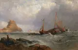 Edmund Thornton Crawford, French fishing boats, Holy Island Bay, oil on canvas