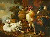 A scene with a cockerel, hen, chicks, and birds by French School, oil on canvas, sold Nov 2023