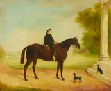 William Webb, A boy seated on a horse with two black dogs, oil on canvas