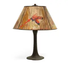 Panel Parrot Lamp by Handel, Reverse painted glass, patinated metal, sold Nov 2023