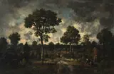 Gathering sticks in the forest of Fontainebleu by Narcisse Virgile Diaz De La Peña, oil on canvas, sold Nov 2023