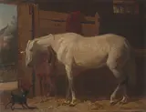 Emil Volkers, A white horse and a brown foal in a stable; Protecting the foal (two works), both oil on canvas