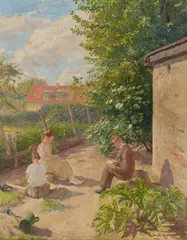 Robert Panitzsch, A leisurely scene in the yard, oil on canvas