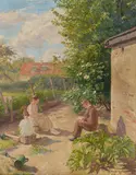 Robert Panitzsch, A leisurely scene in the yard, oil on canvas