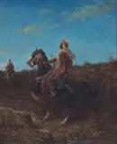 Adolf Schreyer, Two riders on horseback, oil on panel