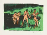 Mit Schilf werfende Badende by Ernst Ludwig Kirchner, 1909, Farbholzschnitt auf festem Velin, sold Dec 2017
