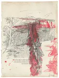 Georg Baselitz, Ohne Titel (Hochsitz), 1972, Farbtusche und Tuschfeder auf bedrucktem Papier (Buchseite aus dem 19. Jhdt.)