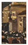 Lesser Ury, Versammlungssaal (Synagoge?), Berlin“. 1920er Jahre, Öl auf Leinwand auf Holz