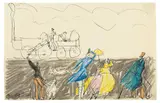 Lyonel Feininger, Alte Dampflokomotive mit Zuschauern, 1909, Tuschfeder, Farbkreiden und Graphit auf Papier