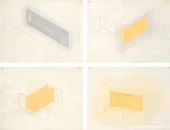 Fred Sandback, Ohne Titel, 1988, Folge von 4 Werken: Gouache und Bleistift, jeweils auf Transparentpapier