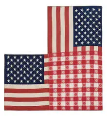 Tim Hawkinson, Untitled (Double Flags), 1990, United States flags and gingham napkin on canvas