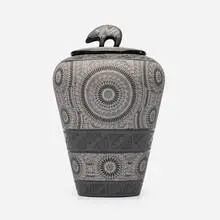 Marvin Blackmore, Covered jar from the Animal collection, c. 2000, earthenware with multi-layer clay slips and hand-etched decoration