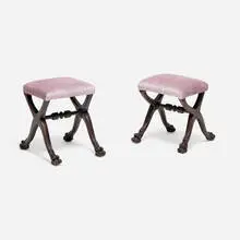 Regency Style, Curule-form stools, pair, stained walnut, upholstery