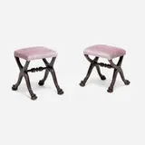 Regency Style, Curule-form stools, pair, stained walnut, upholstery