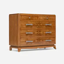 Mid-Century Modern, Dresser, walnut burl veneer, stainless steel