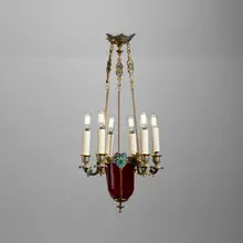 attribution Ferdinand Barbedienne, Chinoiserie chandelier, c. 1880, gilt bronze, cloisonné enamel, glass