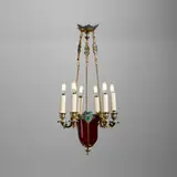 attribution Ferdinand Barbedienne, Chinoiserie chandelier, c. 1880, gilt bronze, cloisonné enamel, glass