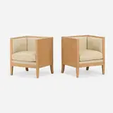 Jean-Michel Frank, Cube chairs, pair, stained oak veneer, upholstery