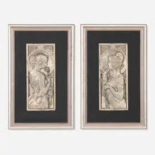 Alphonse Mucha, Art Nouveau decorative panels with female figures, set of two, pewter