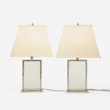 Art Déco, Table lamps, pair, c. 1935, glass, metal, silver-plated metal, silk shade