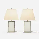 Art Déco, Table lamps, pair, c. 1935, glass, metal, silver-plated metal, silk shade