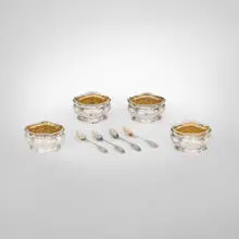 Puiforcat, Art Nouveau salt cellars with spoons, set of four, c. 1900, .950 silver parcel-gilt, glass