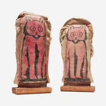 Folk Art, Carnival knockdown punks, set of two, c. 1930-40, painted canvas, leather, wood