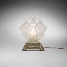 Art Déco, Geometric star table lamp, c. 1930, cast and acid-etched glass, nickel-plated bronze