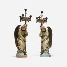 Antique, Large angel-form candelabra, pair, polychromed earthenware, brass