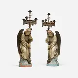 Antique, Large angel-form candelabra, pair, polychromed earthenware, brass