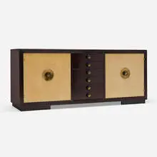 Paul Theodore Frankl, Embassy Group sideboard, model 2260, c. 1951, mahogany, lacquered cork, copper, gilding