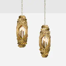 Tom Greene, Brutalist hanging lamps, pair, c. 1965, brass, patinated steel