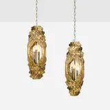 Tom Greene, Brutalist hanging lamps, pair, c. 1965, brass, patinated steel