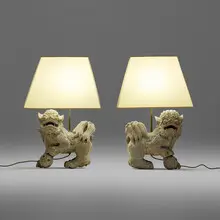 Chinoiserie Style, Fu dog table lamps, pair, cerused wood, parchment shade