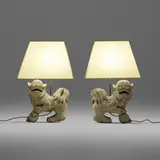 Chinoiserie Style, Fu dog table lamps, pair, cerused wood, parchment shade