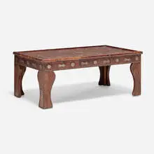 Moroccan, Inlaid coffee table, leather over wood, steel, pewter