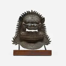 Thai, Singha guardian lion mask sculpture on stand, bronze, wood