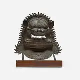 Thai, Singha guardian lion mask sculpture on stand, bronze, wood