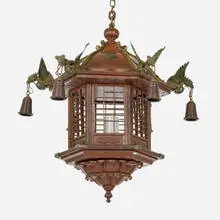 Chinoiserie Style, Pagoda hanging lamp, bronze, steel, wood