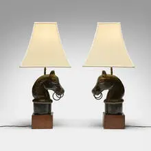 attribution Frederick Cooper, Horse head hitching post-form table lamps, pair, painted plaster, stained wood, enameled steel, fabric