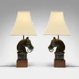 attribution Frederick Cooper, Horse head hitching post-form table lamps, pair, painted plaster, stained wood, enameled steel, fabric