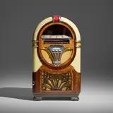 Paul Fuller, Jukebox, model 750E, 1941, walnut veneer, hardwood, chrome-plated metal, cast metal, molded plastic, glass, steel, rubber, speaker cloth