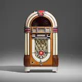 Paul Fuller, Bubbler jukebox, model 1015, 1946, walnut veneer, hardwood, chrome-plated metal, cast metal, molded plastic, glass, steel, rubber, speaker cloth
