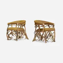 Rustic, Lounge chairs, pair, animal hide, antlers, copper
