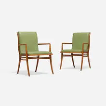 T. H. Robsjohn-Gibbings, Armchairs, pair, c. 1955, walnut, upholstery