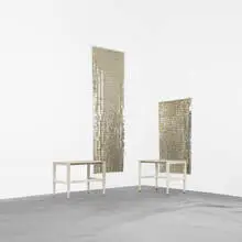 customized occasional tables, pair by Gio Ponti and Cristina Longo, 1953 / 2005, lacquered Italian walnut, brass, sold Apr 2012