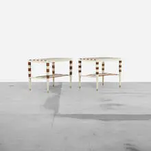 customized occasional tables, pair by Gio Ponti and Cristina Longo, 1953 / 2011, lacquered Italian walnut, brass, sold Apr 2012