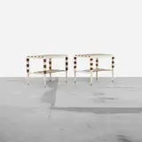 customized occasional tables, pair by Gio Ponti and Cristina Longo, 1953 / 2011, lacquered Italian walnut, brass, sold Apr 2012