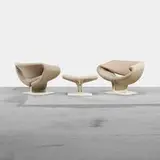 Pierre Paulin, pair of Ribbon chairs, model F582 and ottoman, 1965, upholstery, lacquered wood
