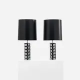 Jacques Charpentier, table lamps, pair, c. 1965, chrome-plated brass, parchment paper, enameled brass